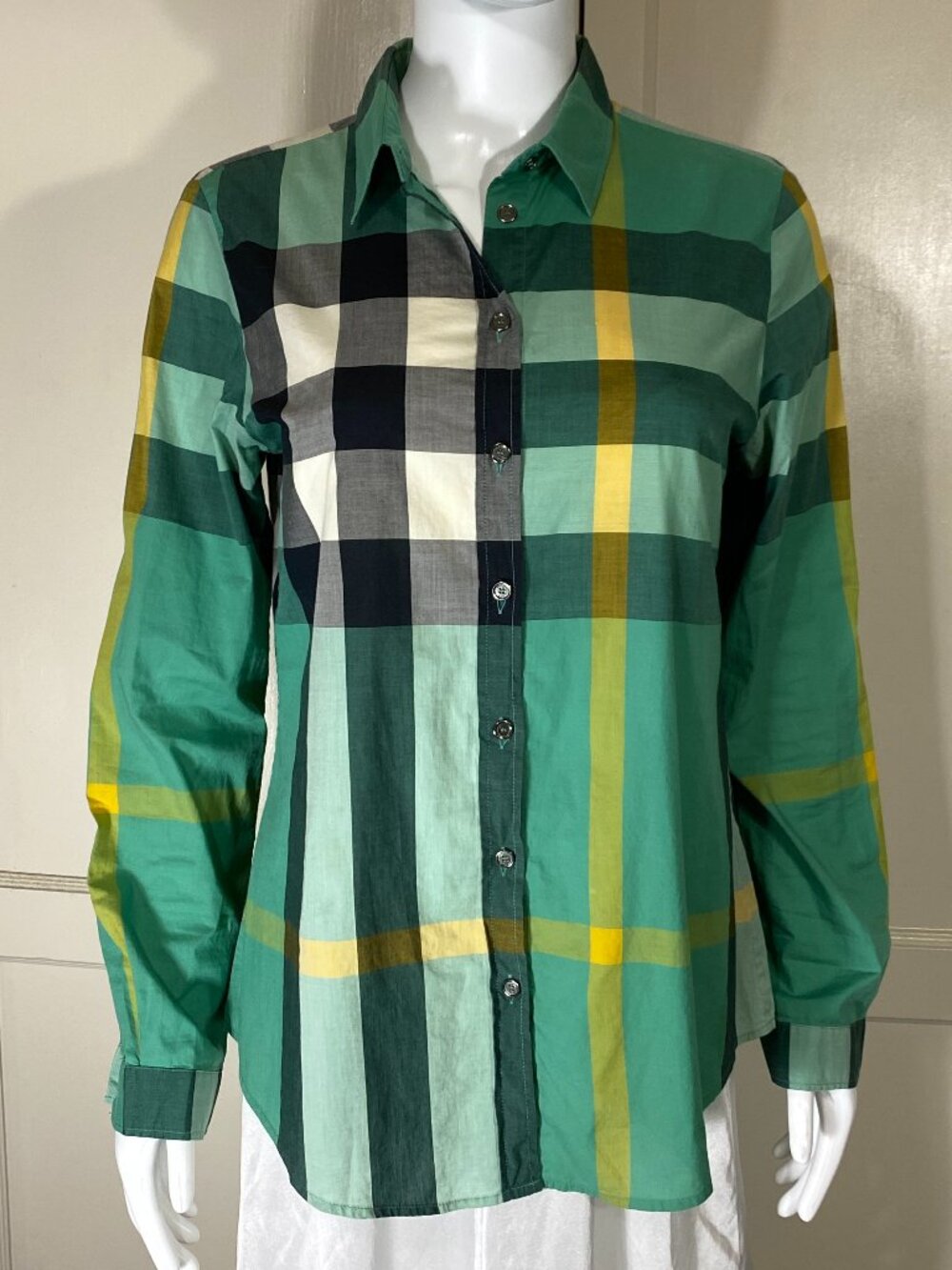 BURBERRY BRIT Green Yellow Black Exploded Nova Check Button-up Shirt Sz S ($350)